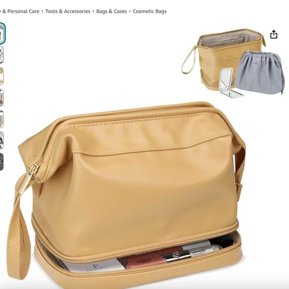 Pocmimut Leather Cosmetic Bag For Women 2-In-1 Portable Drawstring YELLOW - Picture 3 of 8